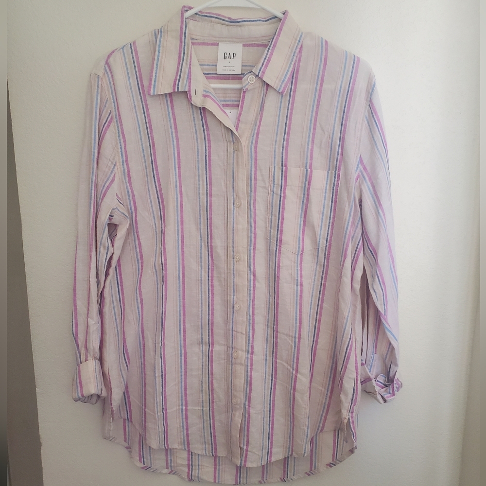 GAP The Easy Shirt Multicolor Striped Linen Blend Shirt Women's Size Small NWT